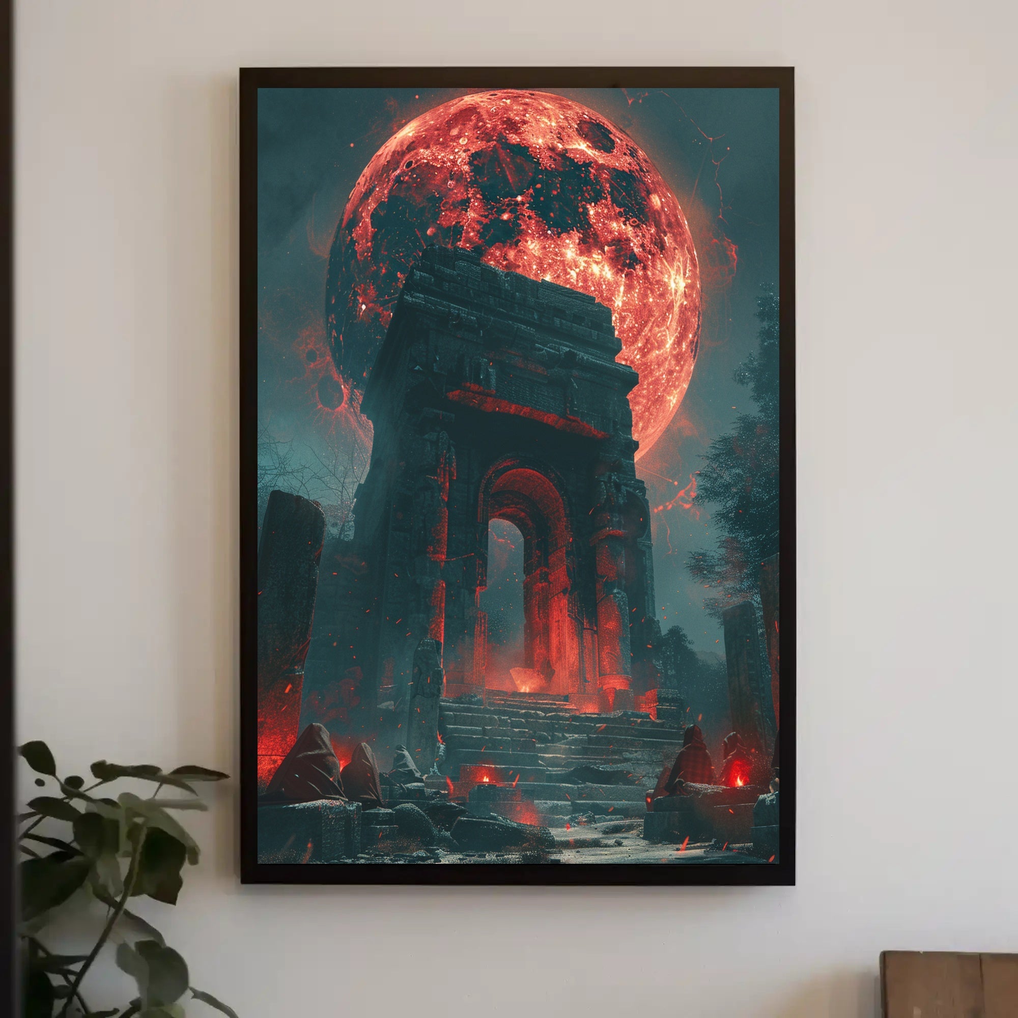 Ancient Ruins Under a Glowing Red Moon Fantasy Poster PosterGoat