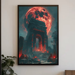 Ancient Ruins Under a Glowing Red Moon Fantasy Poster PosterGoat