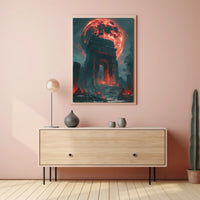 Ancient Ruins Under a Glowing Red Moon Fantasy Poster PosterGoat