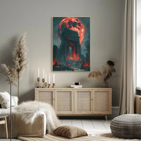Ancient Ruins Under a Glowing Red Moon Fantasy Poster PosterGoat