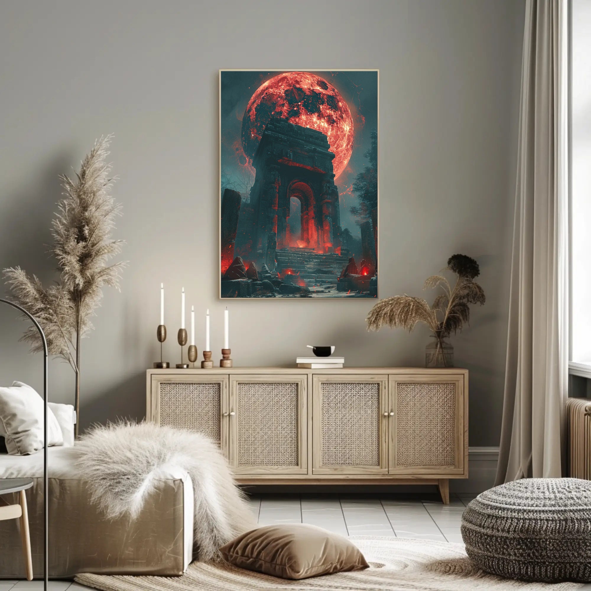 Ancient Ruins Under a Glowing Red Moon Fantasy Poster PosterGoat