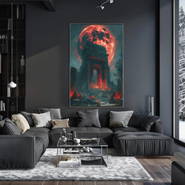 Ancient Ruins Under a Glowing Red Moon Fantasy Poster PosterGoat
