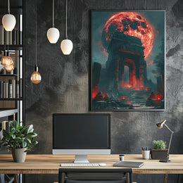 Ancient Ruins Under a Glowing Red Moon Fantasy Poster PosterGoat