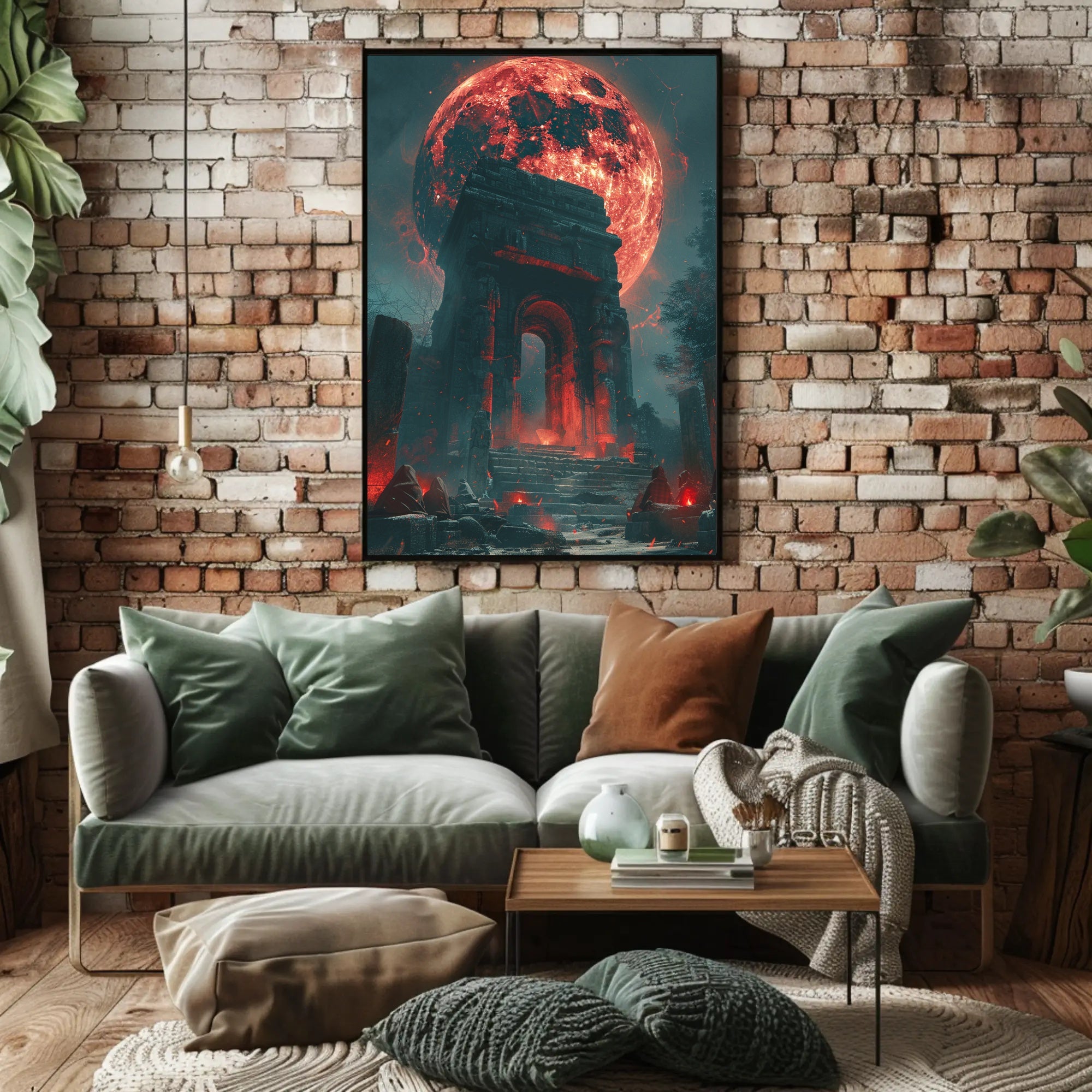 Ancient Ruins Under a Glowing Red Moon Fantasy Poster PosterGoat