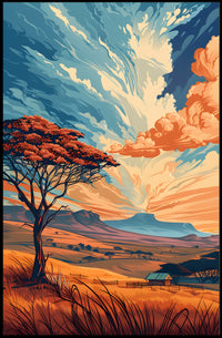 Ancient Tree in Vibrant Desert Sunset Art Poster PosterGoat