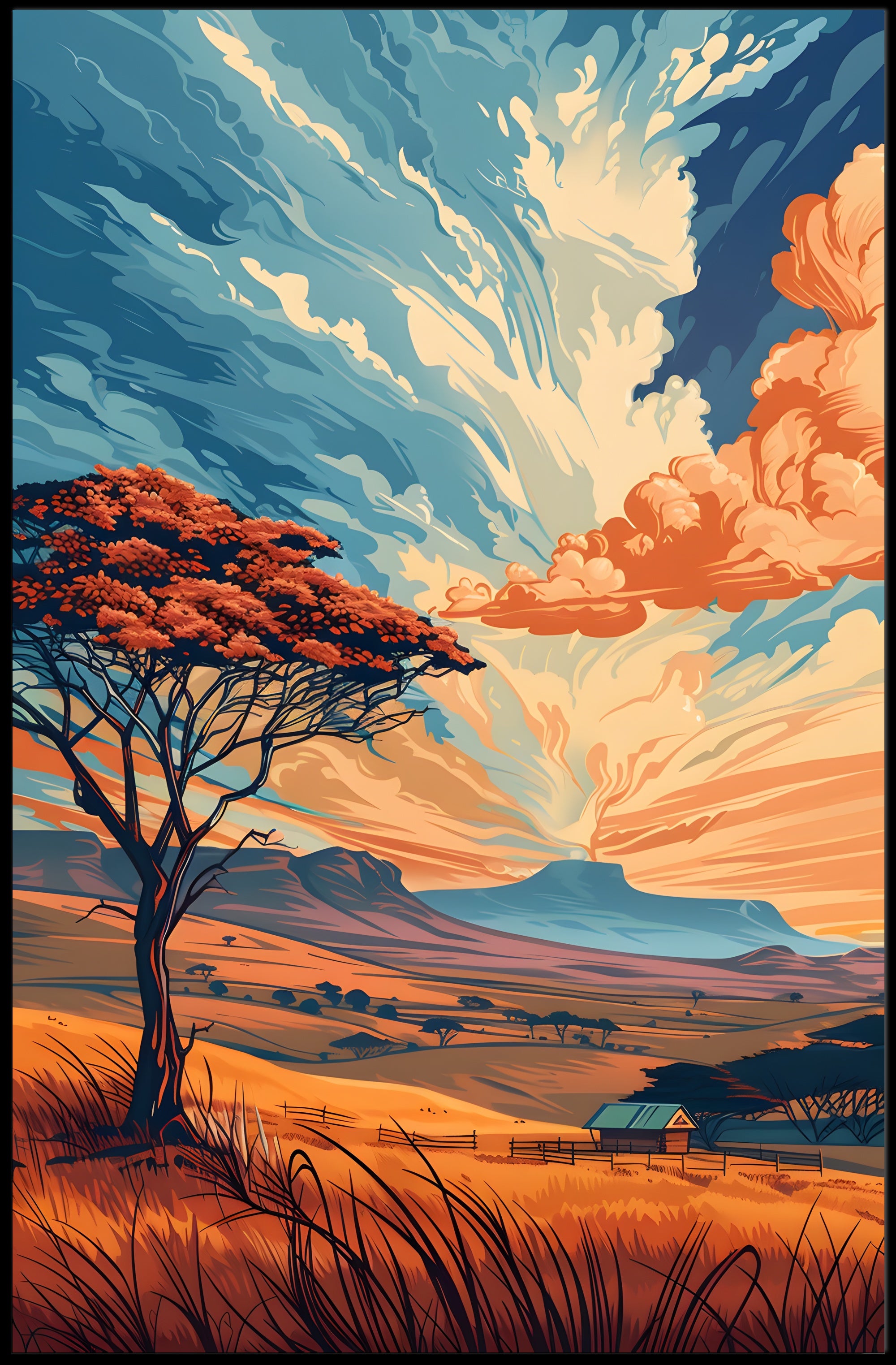 Ancient Tree in Vibrant Desert Sunset Art Poster PosterGoat