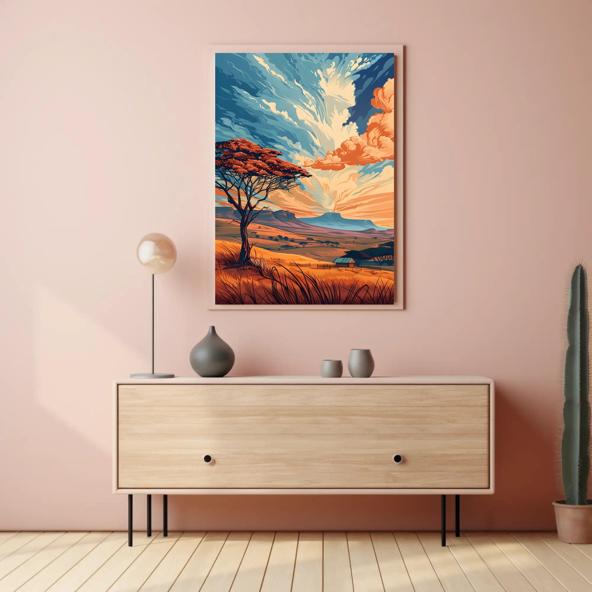 Ancient Tree in Vibrant Desert Sunset Art Poster PosterGoat