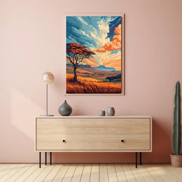 Ancient Tree in Vibrant Desert Sunset Art Poster PosterGoat