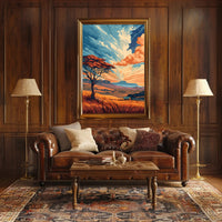 Ancient Tree in Vibrant Desert Sunset Art Poster PosterGoat
