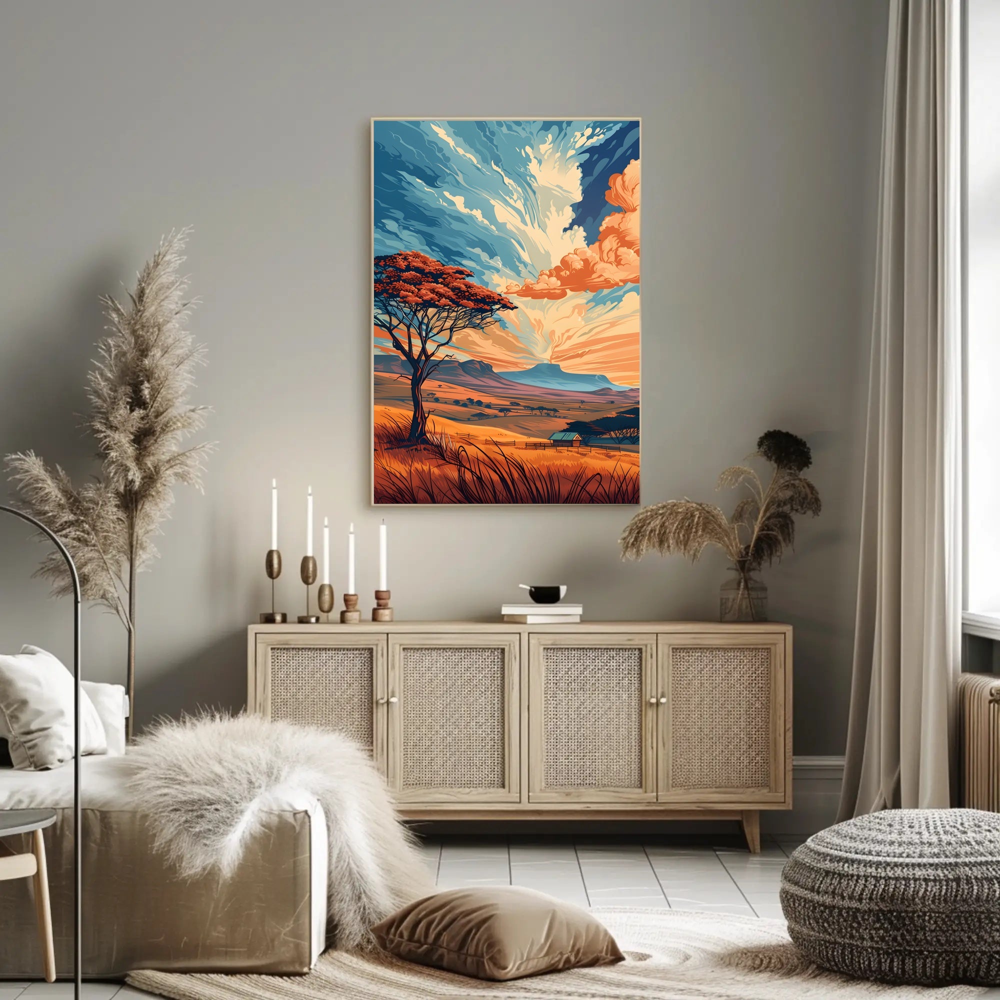 Ancient Tree in Vibrant Desert Sunset Art Poster PosterGoat