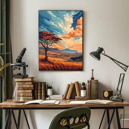 Ancient Tree in Vibrant Desert Sunset Art Poster PosterGoat