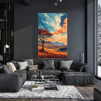 Ancient Tree in Vibrant Desert Sunset Art Poster PosterGoat