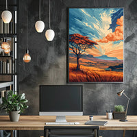 Ancient Tree in Vibrant Desert Sunset Art Poster PosterGoat