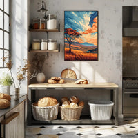 Ancient Tree in Vibrant Desert Sunset Art Poster PosterGoat