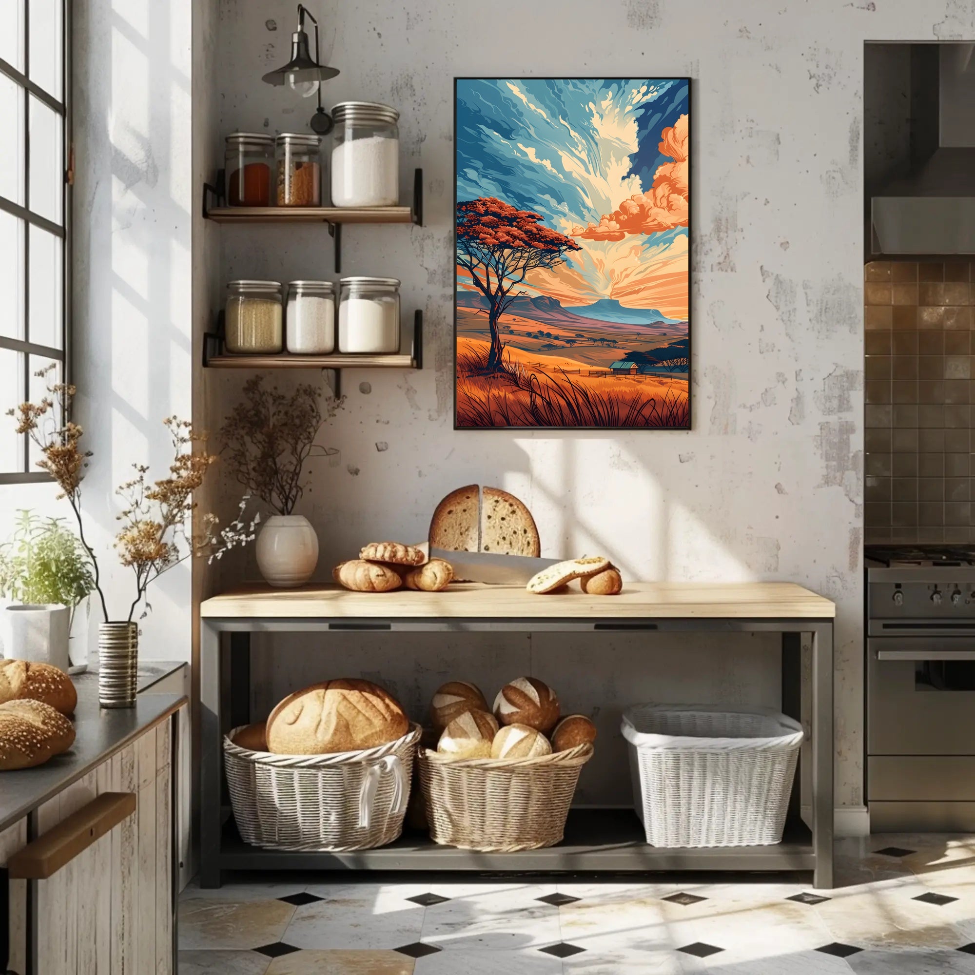 Ancient Tree in Vibrant Desert Sunset Art Poster PosterGoat