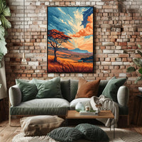 Ancient Tree in Vibrant Desert Sunset Art Poster PosterGoat