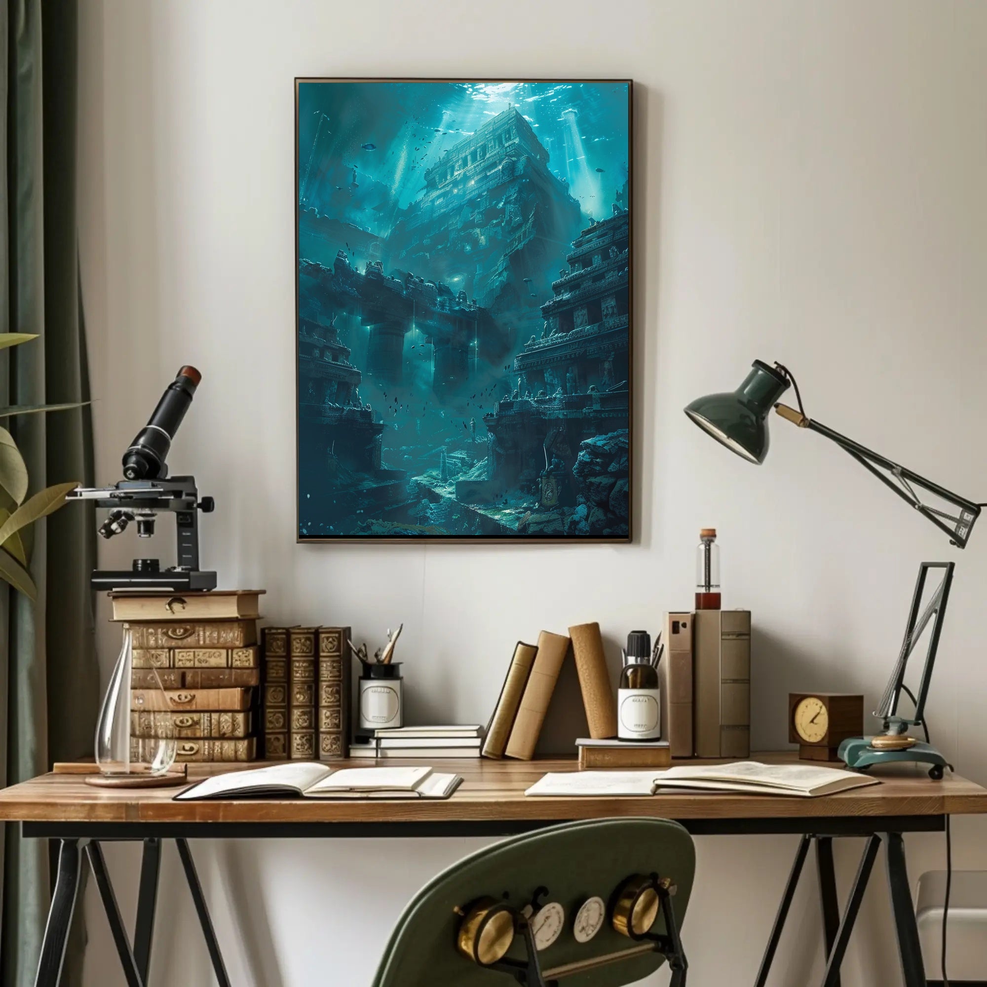 Ancient Underwater Temple Exploration Artistic and Pop Culture Poster PosterGoat