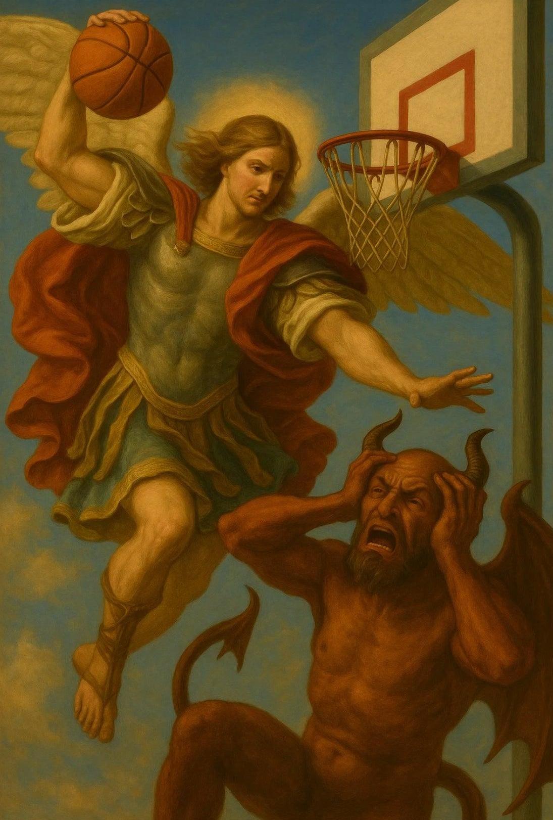 Angelic vs Demonic Basketball Duel Sports Poster PosterGoat