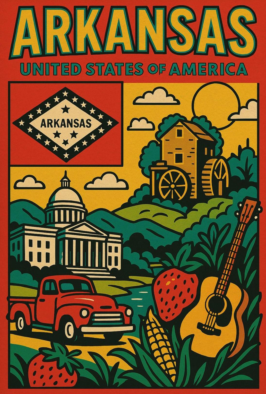 Arkansas Heritage Icons Retro Travel Poster PosterGoat