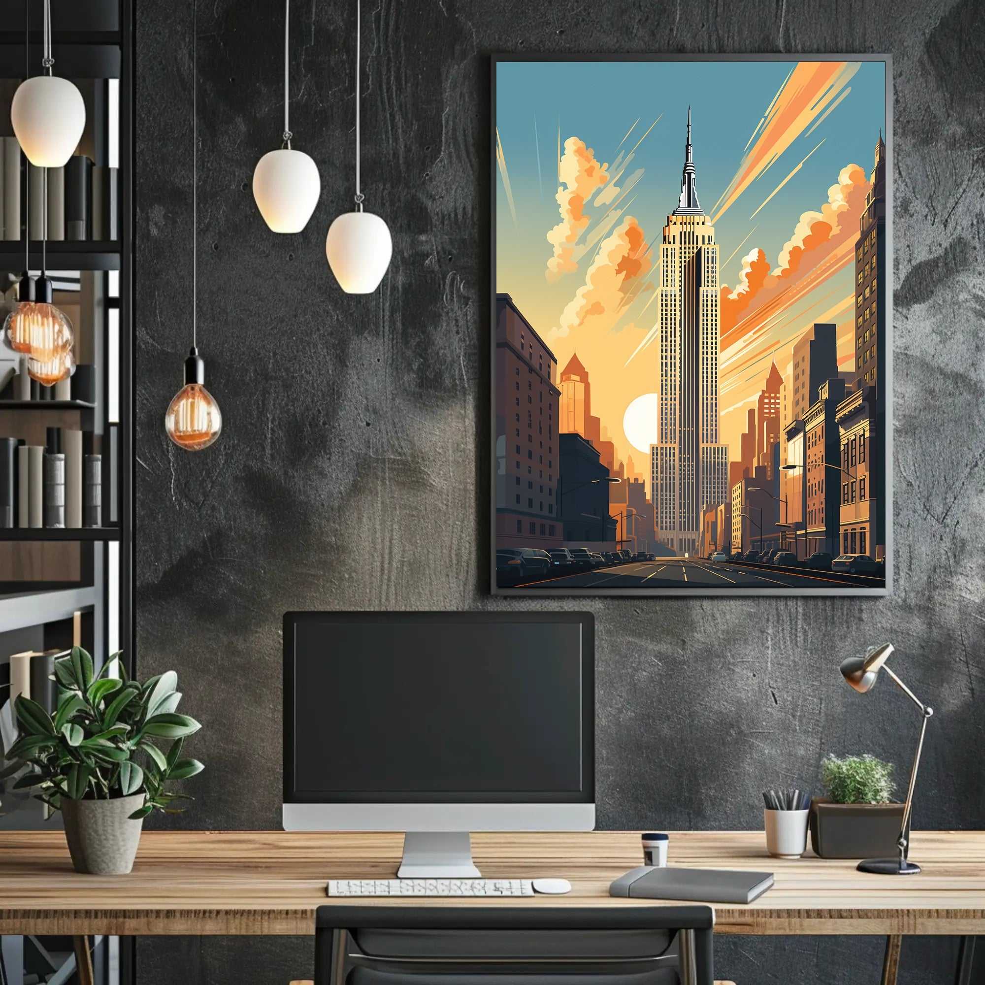 Art Deco Skyscraper Skyline at Sunset Wall Art Poster PosterGoat