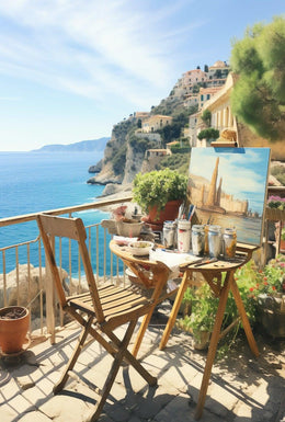 Artistic Mediterranean Seaside Scene with Creative Elements Poster PosterGoat