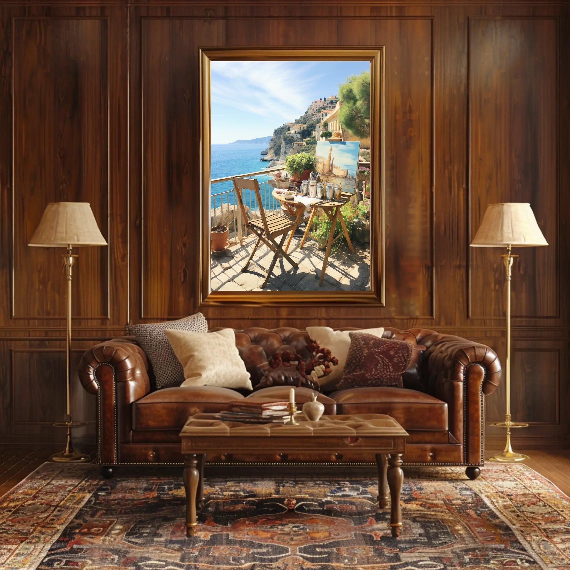 Artistic Mediterranean Seaside Scene with Creative Elements Poster PosterGoat