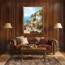 Artistic Mediterranean Seaside Scene with Creative Elements Poster PosterGoat