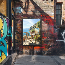 Artistic Mediterranean Seaside Scene with Creative Elements Poster PosterGoat