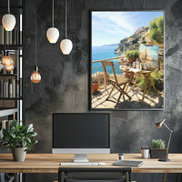 Artistic Mediterranean Seaside Scene with Creative Elements Poster PosterGoat