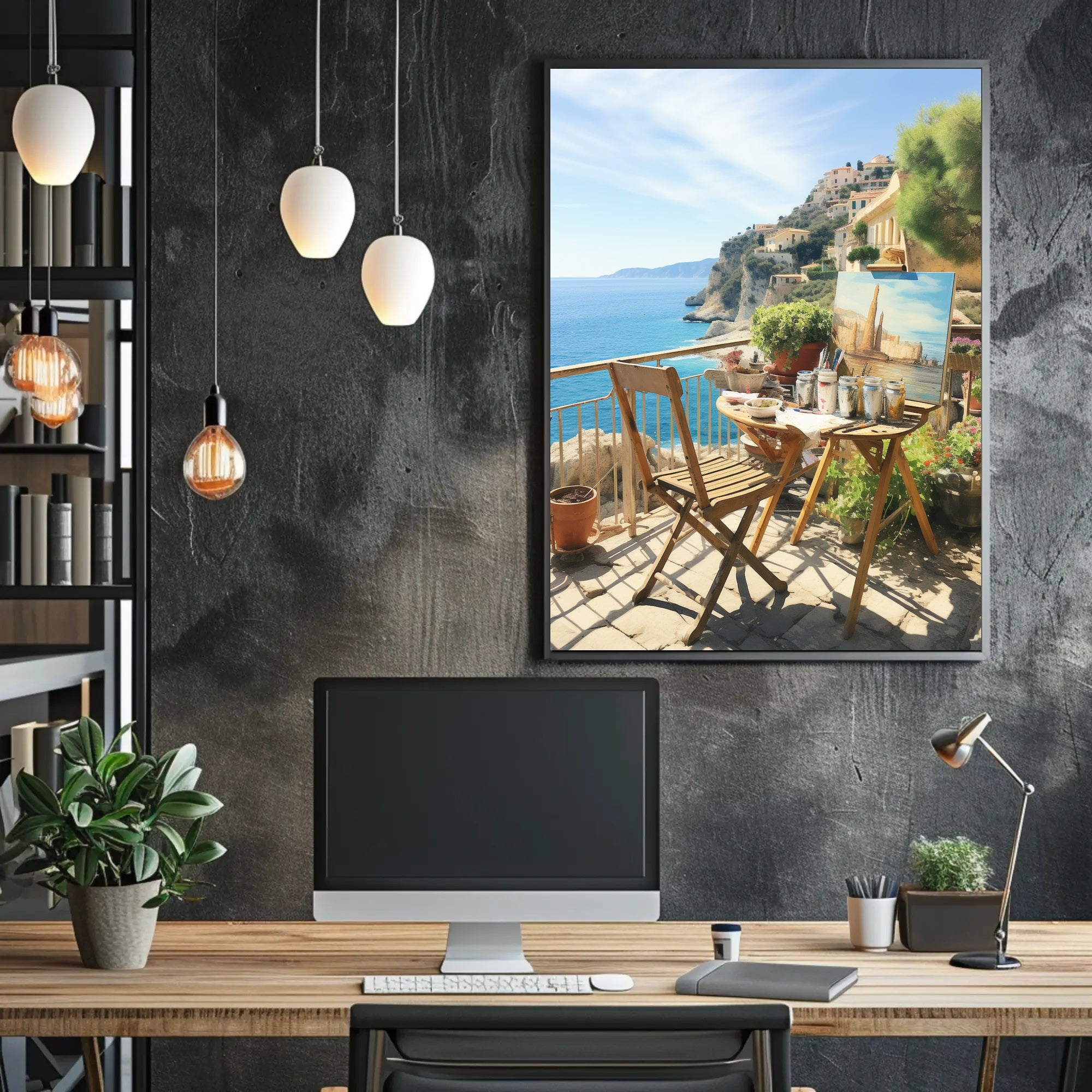 Artistic Mediterranean Seaside Scene with Creative Elements Poster PosterGoat