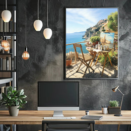 Artistic Mediterranean Seaside Scene with Creative Elements Poster PosterGoat