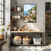 Artistic Mediterranean Seaside Scene with Creative Elements Poster PosterGoat