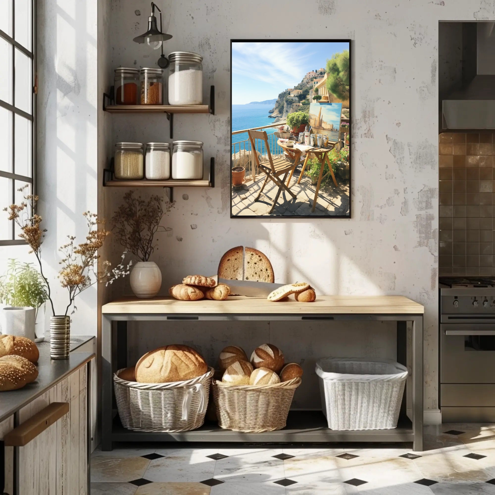 Artistic Mediterranean Seaside Scene with Creative Elements Poster PosterGoat