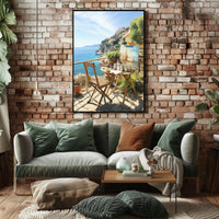 Artistic Mediterranean Seaside Scene with Creative Elements Poster PosterGoat