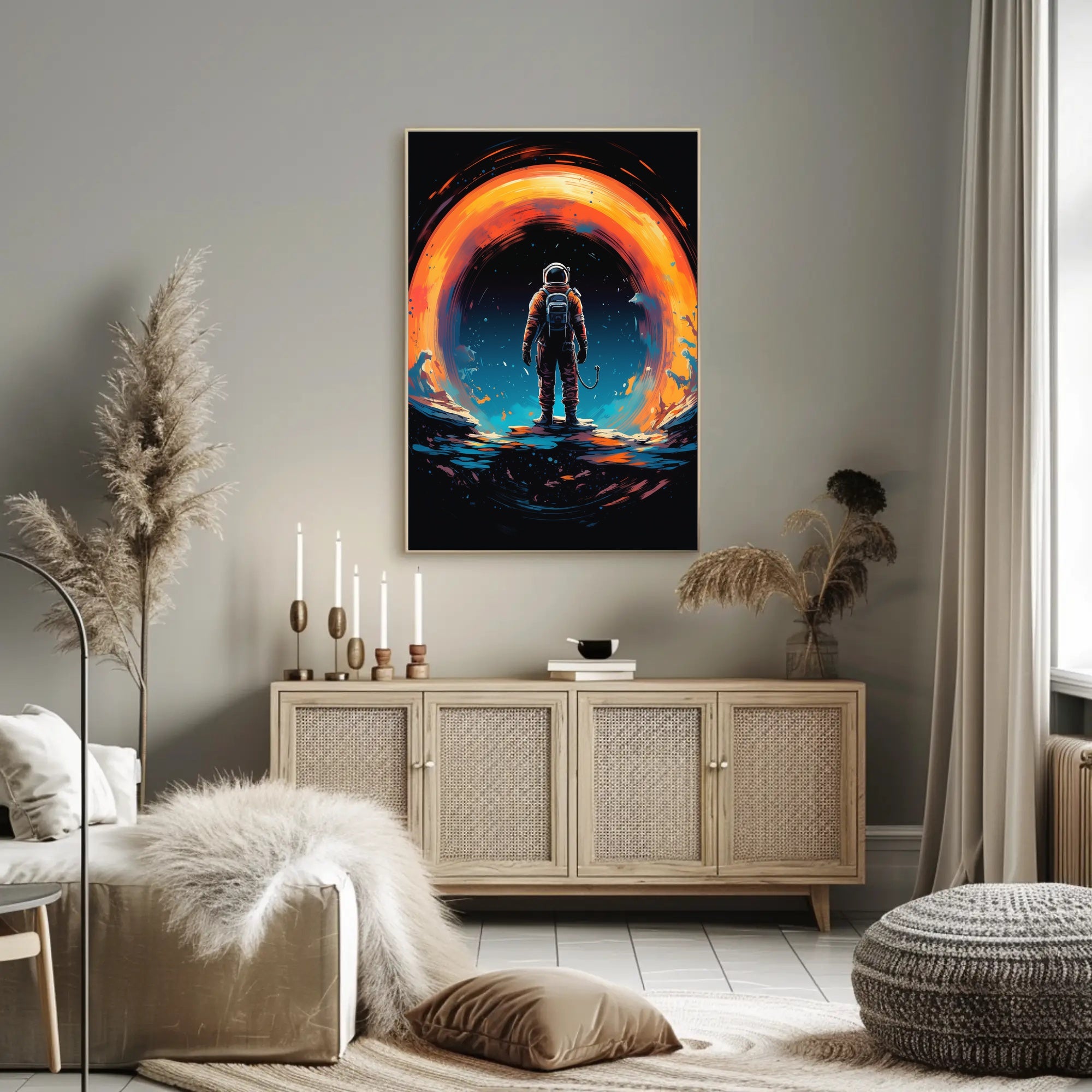 Astronaut Gazing at Cosmic Phenomenon Futuristic Sci-Fi Poster PosterGoat