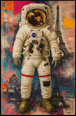 Astronaut and Eiffel Tower Street Art Poster - Abstract, Artistic, or Pop Culture Poster PosterGoat