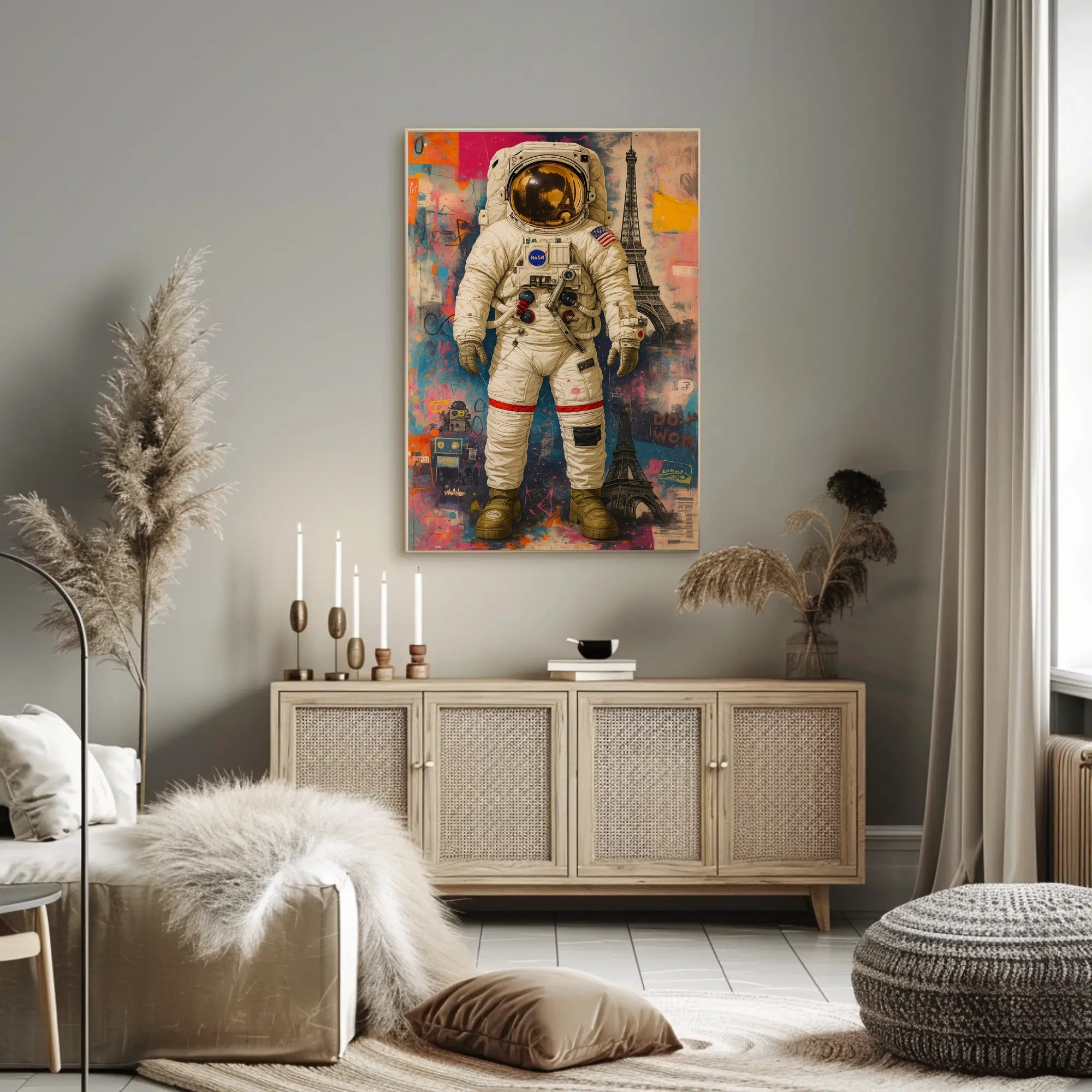 Astronaut and Eiffel Tower Street Art Poster - Abstract, Artistic, or Pop Culture Poster PosterGoat