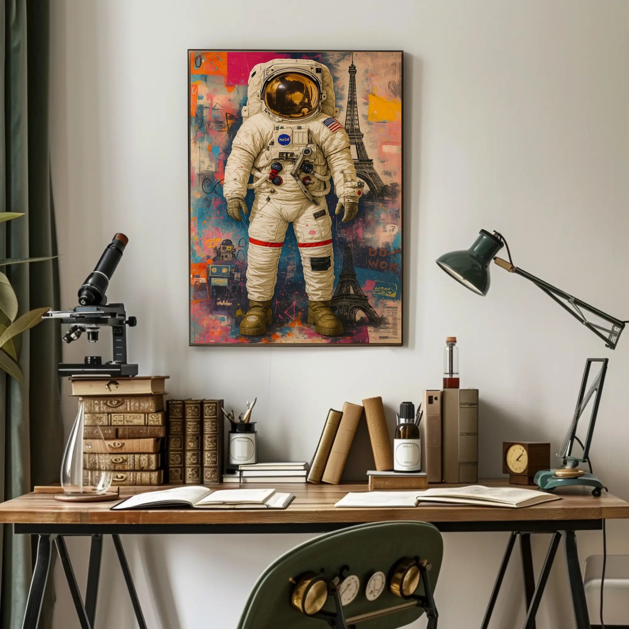 Astronaut and Eiffel Tower Street Art Poster - Abstract, Artistic, or Pop Culture Poster PosterGoat