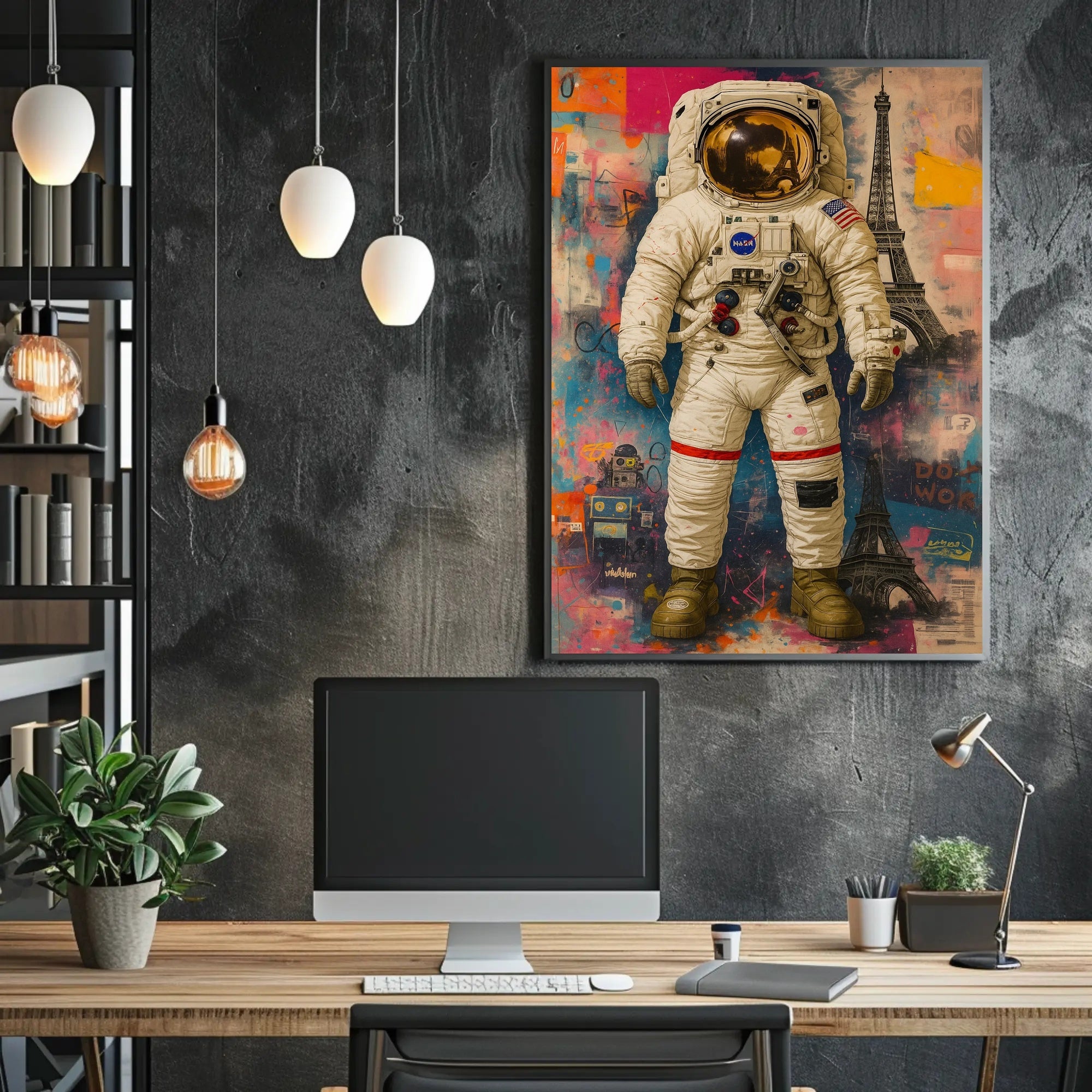 Astronaut and Eiffel Tower Street Art Poster - Abstract, Artistic, or Pop Culture Poster PosterGoat