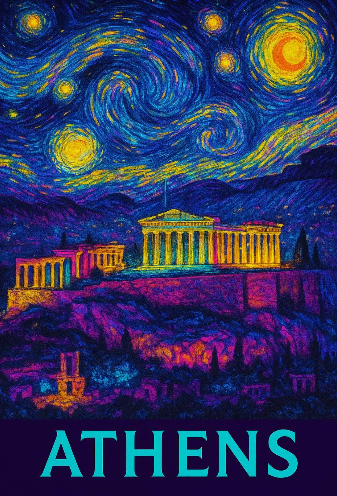 Athens Starry Night Van Gogh Travel Poster PosterGoat