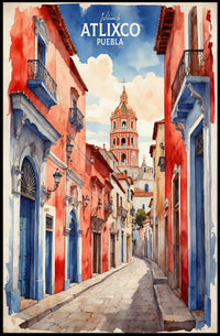 Atlixco's Vibrant Watercolor Street Scene Cultural Poster PosterGoat