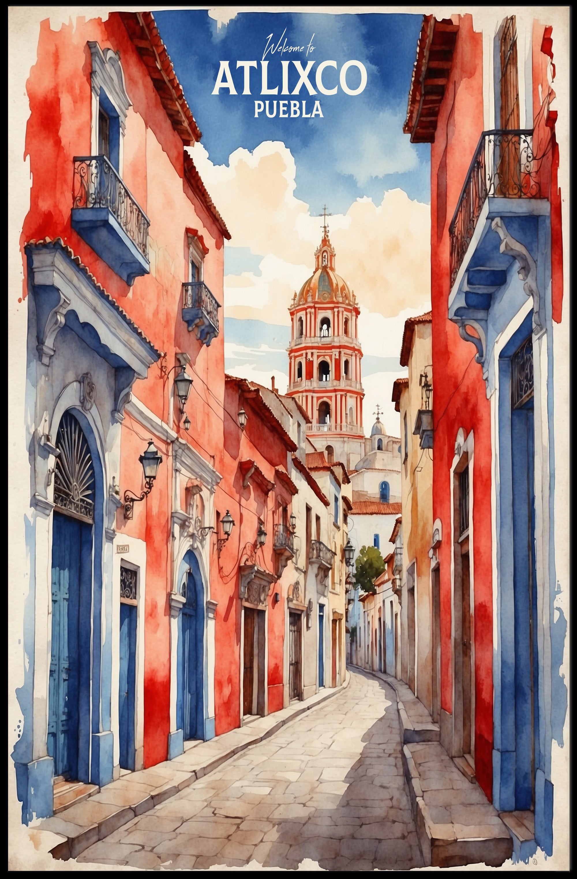 Atlixco's Vibrant Watercolor Street Scene Cultural Poster PosterGoat