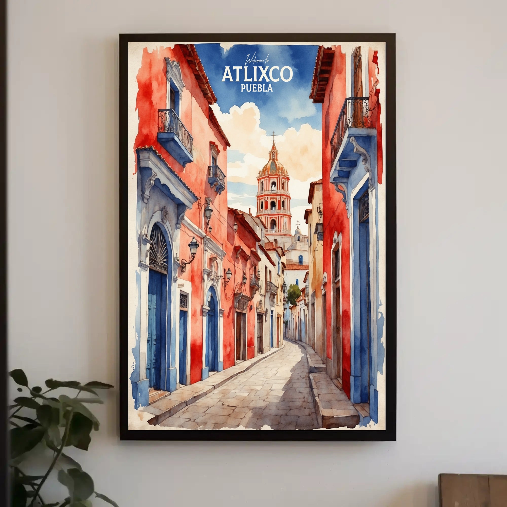 Atlixco's Vibrant Watercolor Street Scene Cultural Poster PosterGoat