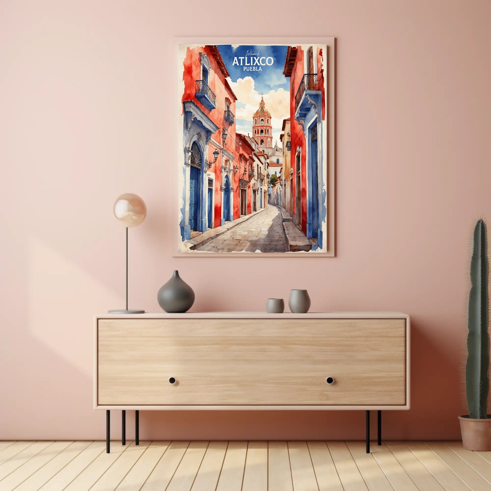 Atlixco's Vibrant Watercolor Street Scene Cultural Poster PosterGoat