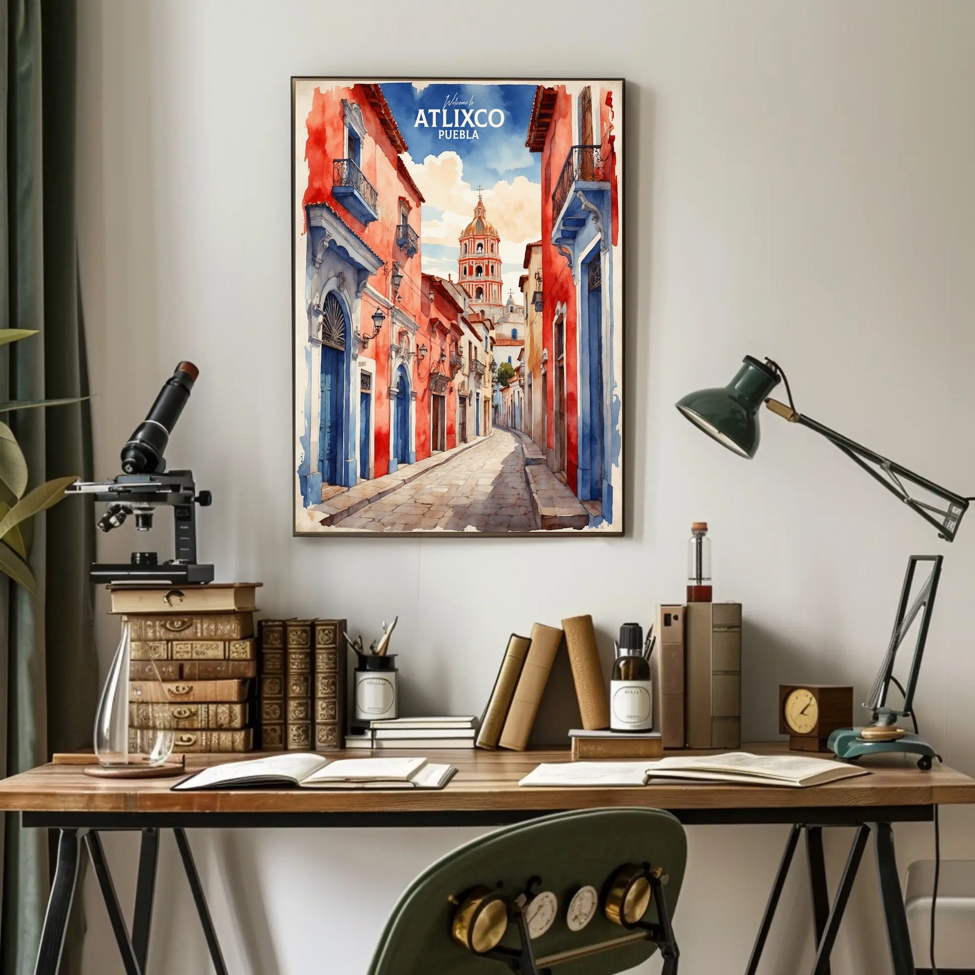 Atlixco's Vibrant Watercolor Street Scene Cultural Poster PosterGoat