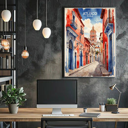 Atlixco's Vibrant Watercolor Street Scene Cultural Poster PosterGoat
