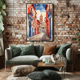 Atlixco's Vibrant Watercolor Street Scene Cultural Poster PosterGoat