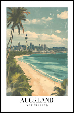 Auckland Vintage Travel Poster with City Skyline and Beach PosterGoat