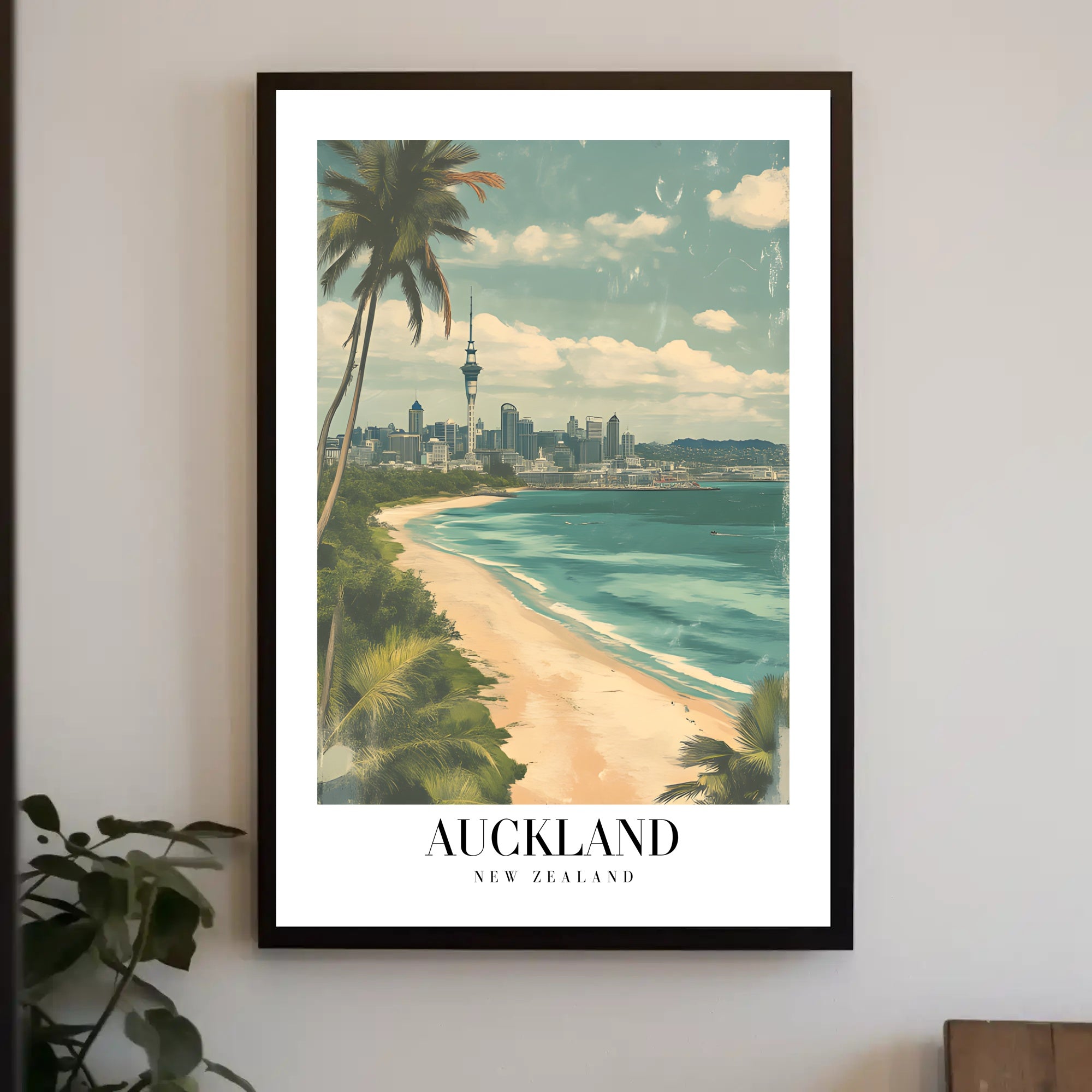 Auckland Vintage Travel Poster with City Skyline and Beach PosterGoat