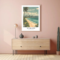 Auckland Vintage Travel Poster with City Skyline and Beach PosterGoat